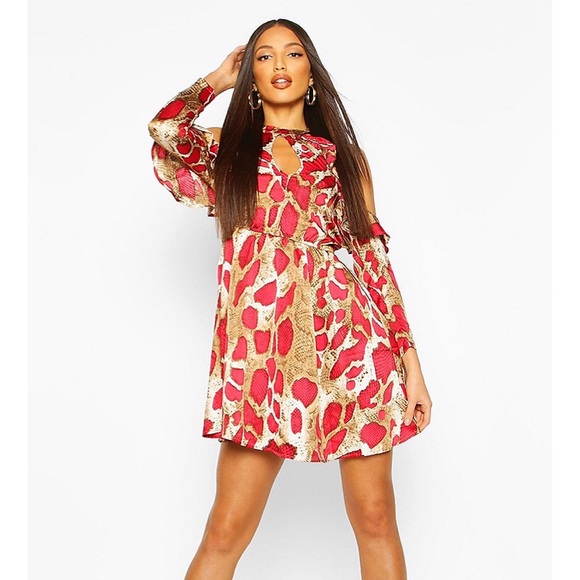 🆕 RED TAN SNAKE PRINT COLD SHOULDER SATIN DRESS - Picture 10 of 10